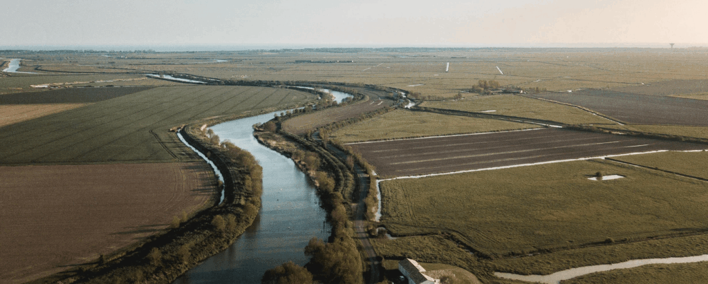 Paysage de rivière et champs verdoyants