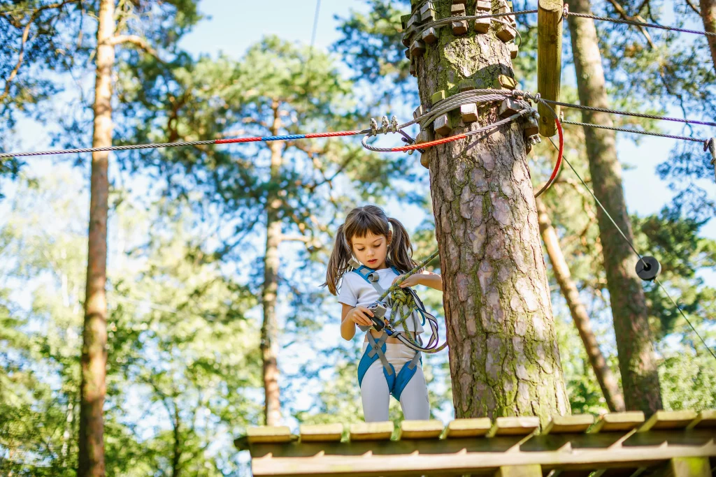 Enfant sur parcours d'accrobranche, forêt en arrière-plan.