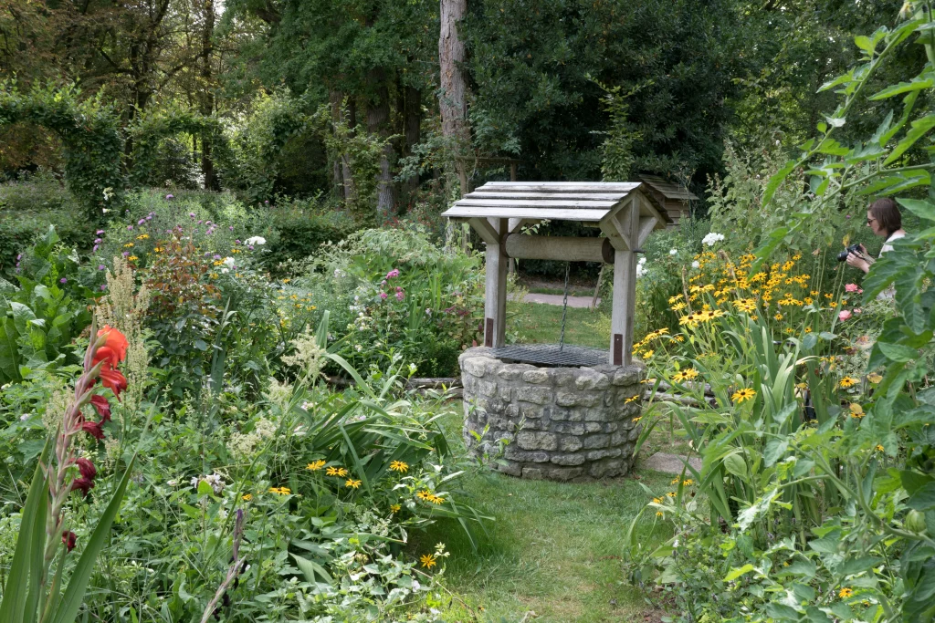 Jardin verdoyant avec vieux puits en pierre.