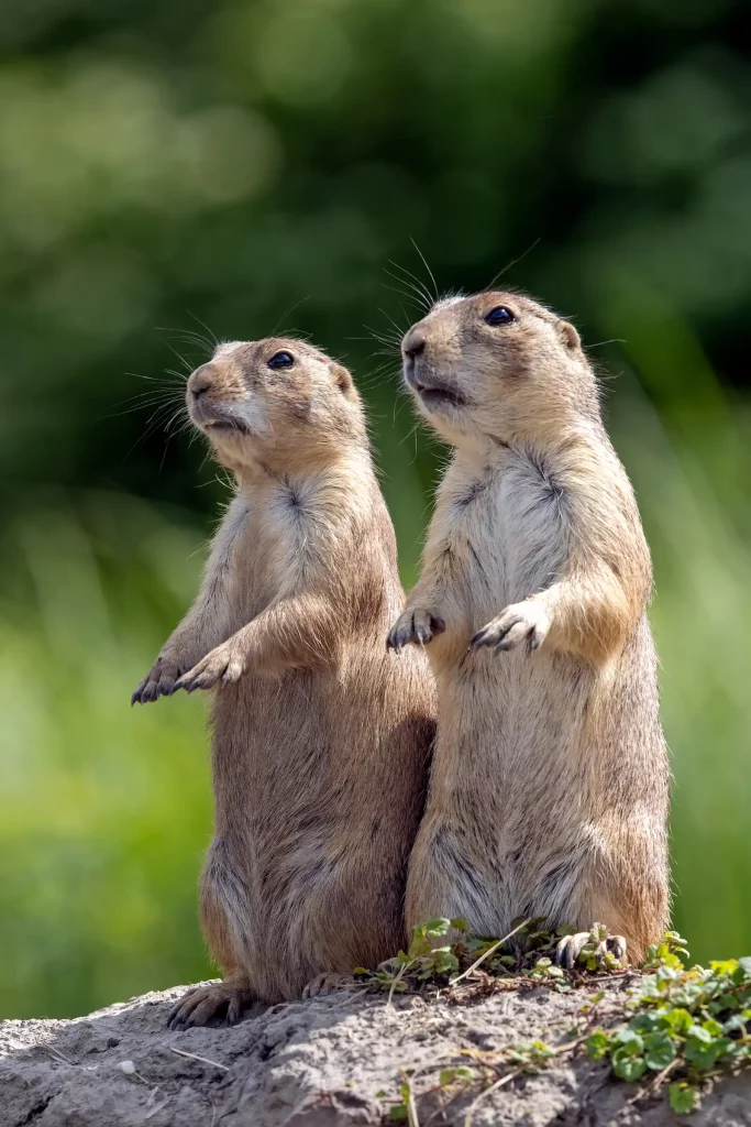 Two prairie dogs standing on the ground.